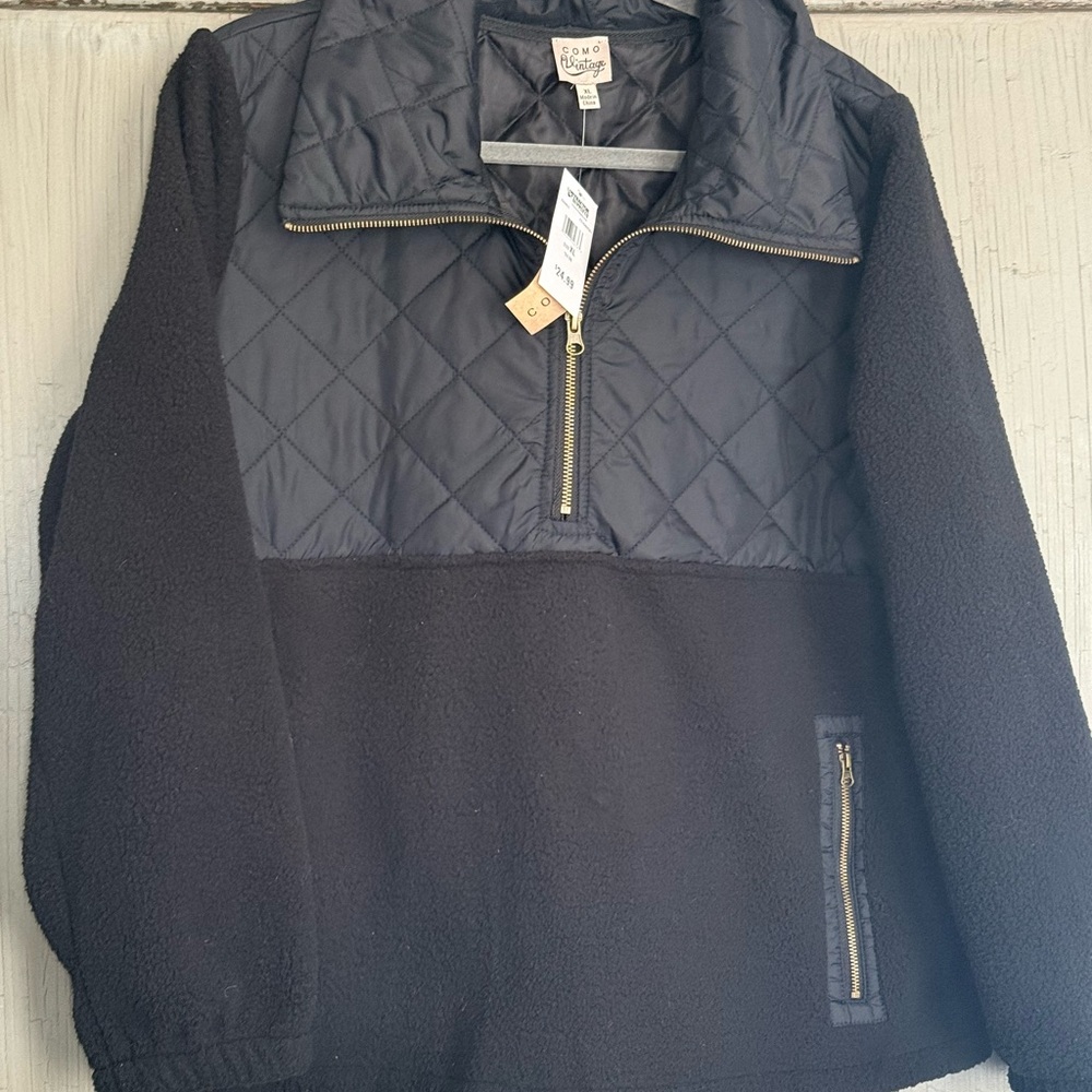 Como Vintage Black Quilted Fleece Pullover Women’s Size XL Warm 1/4 Zip gold NWT